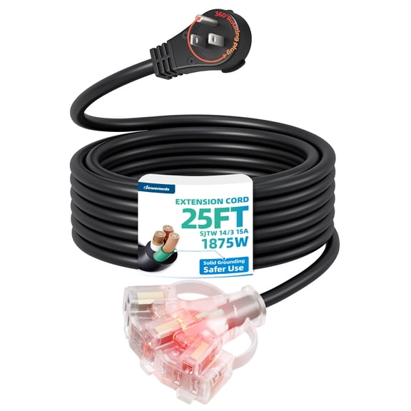 DEWENWILS 25FT Extension Cord with Multi 3 Outlets for Outdoor Indoor 14 AWG 3 Prong 1875W 15A Heavy Duty with Indicator Light Hanging Hole