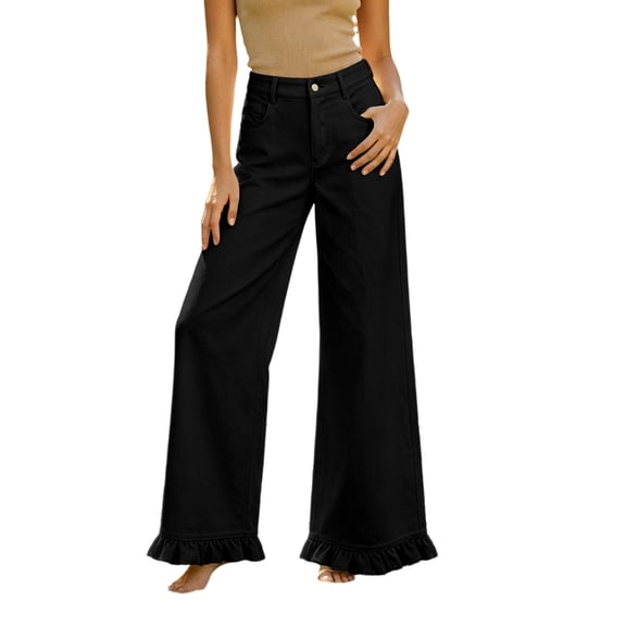 Women's High Waist Wide Leg Pants With Ruffle Hem Casual Loose Flared Trousers With Pockets