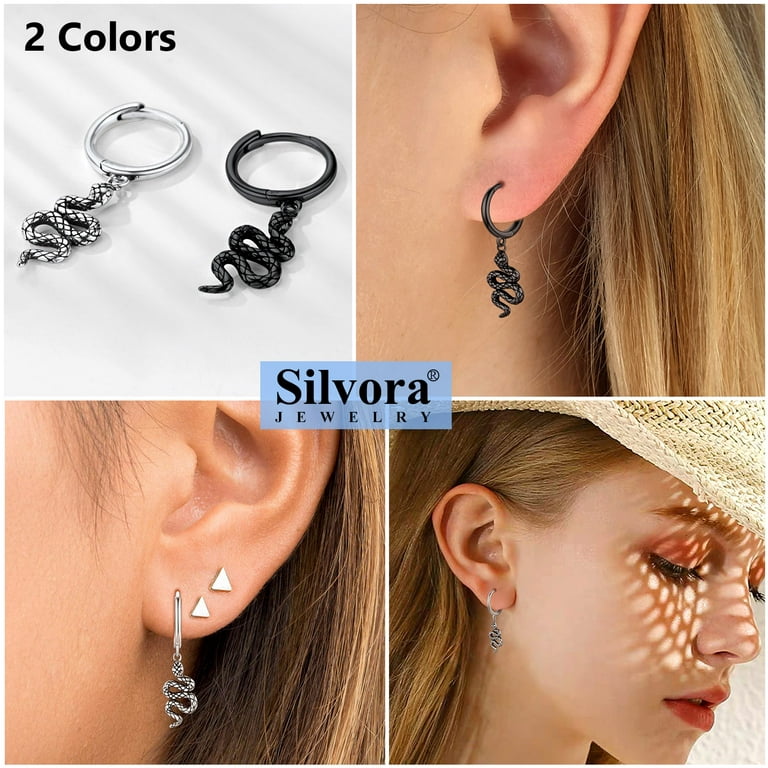 Silvora Black Snake Drop Earrings for Men Boys Tiny Dangling Hoop Earrings Ear Charms Punk Gothic Jewelry Birthday Halloween Gift, Adult Unisex, Size