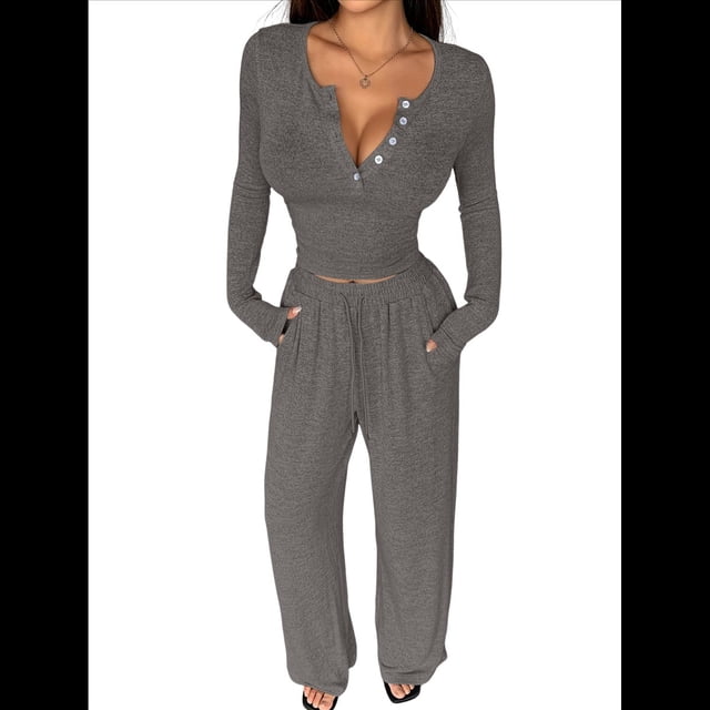 Conjuntos de Dos Piezas de Otoño para Mujer, Camiseta de Larga con Cuello en V y Pantalones Anchos, Conjuntos de Chándal Informal. Gris Oscuro M