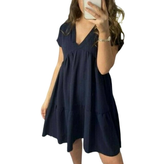 MAWCLOS Robes Mini pour Femmes Couleur Unie Robe T-Shirt Manches Courtes Robe d'Été Décontractée Col en V Bleu Marine m
