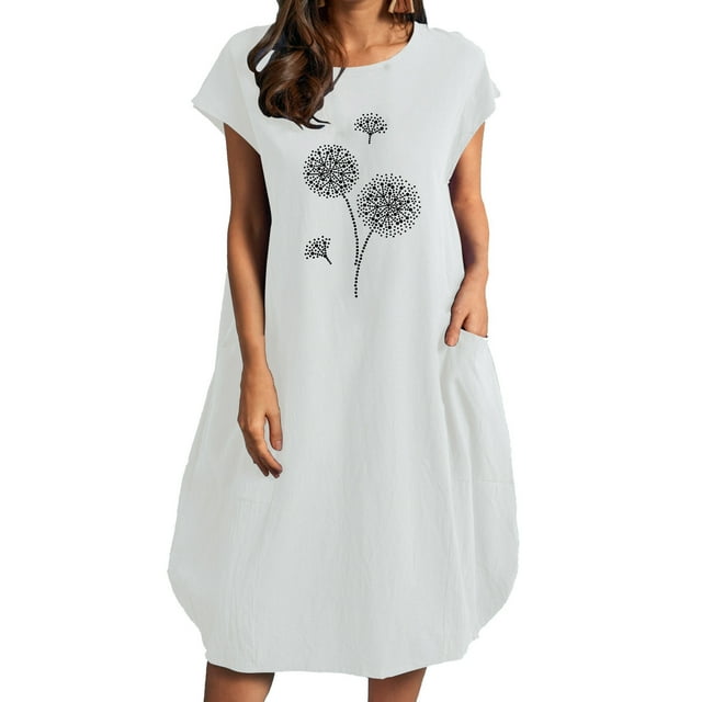 Robes pour Femmes 2022 Robe à Manches Courtes à Col Rond Grande Taille Robe Imprimée Décontractée Ample d'Été Midi avec Poches