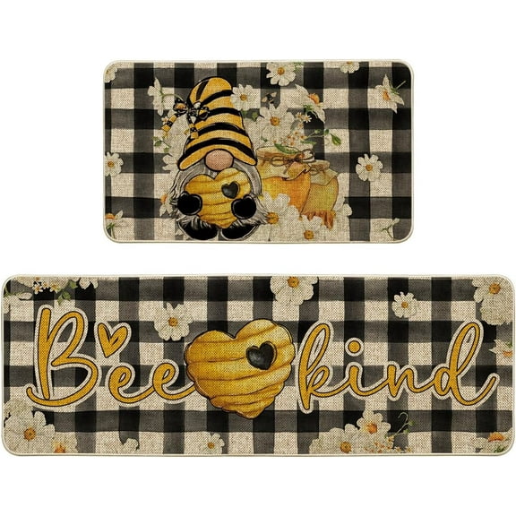 Buffalo Plaid Gnome Bee Kind Honey Summer Kitchen Mats Set of 2, Daisy Spring Home Decor Low-Profile Kitchen Rugs for Floor - 17x29 and 17x47 Inch