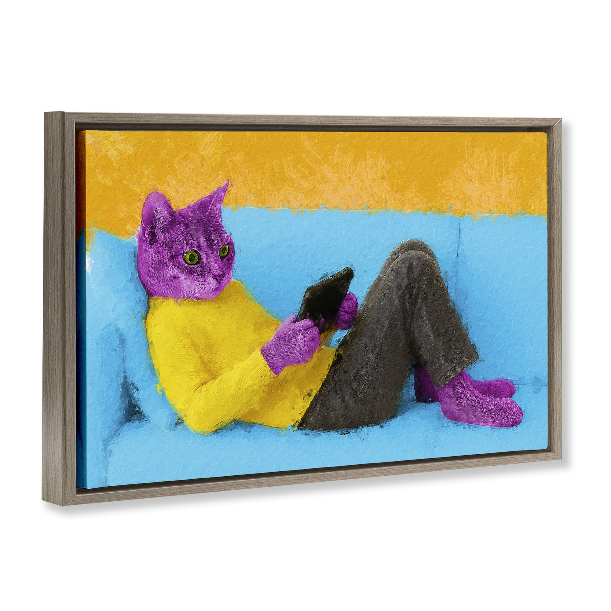 Stupell Industries Vibrant Cat Playing Game Brown Framed Floater Canvas Wall Art, design by Sean Parnell