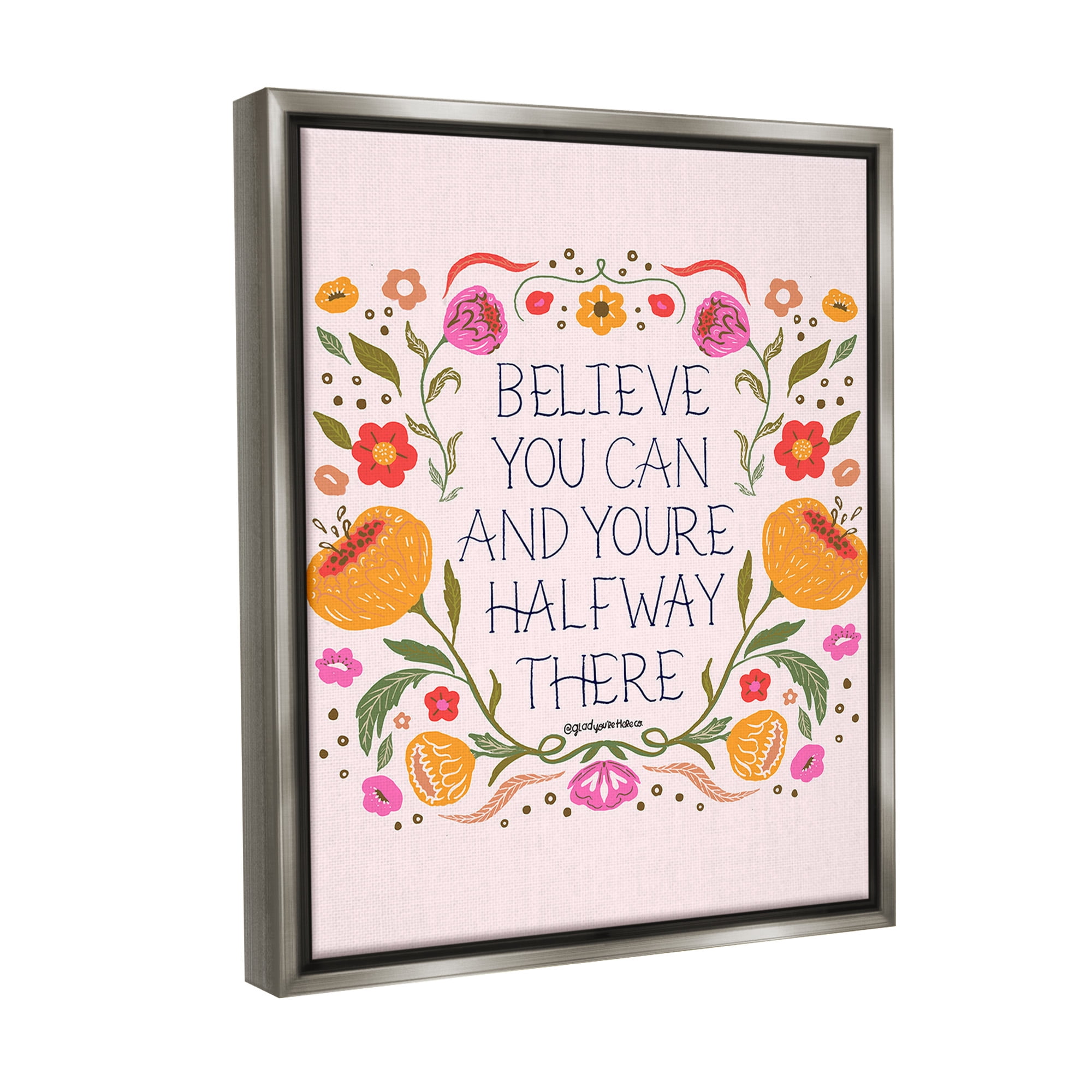 Stupell Industries Inspiring Believe with Florals Inspirational Painting Gray Floater Framed Canvas Art Print Wall Art, 25 x 31