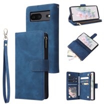 Dteck Compatible with Google Pixel 7 Wallet Case,Premium PU Leather Zipper Flip Folio Wallet with Wrist Strap Magnetic Closure Built-in Kickstand Protective Cover,Blue