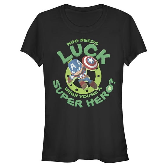 Junior's Marvel St. Patrick's Day Captain America Who Needs Luck  Graphic Tee Black Large