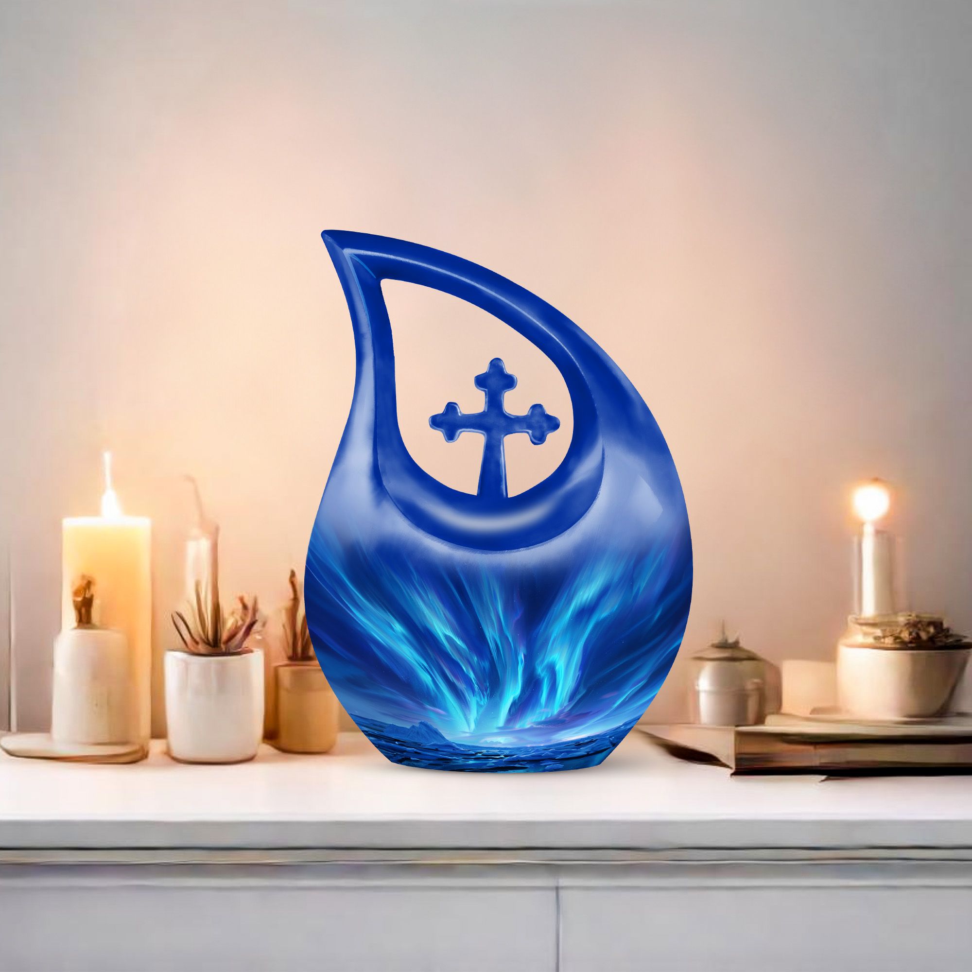 MUKTIVE Aurora Cremation Funeral Urns for Ashes Adult Men & Women - Blue Memorial Burial Urns for Human Ashes Adult Father - Decorative 10 Inch Large Urn for Human