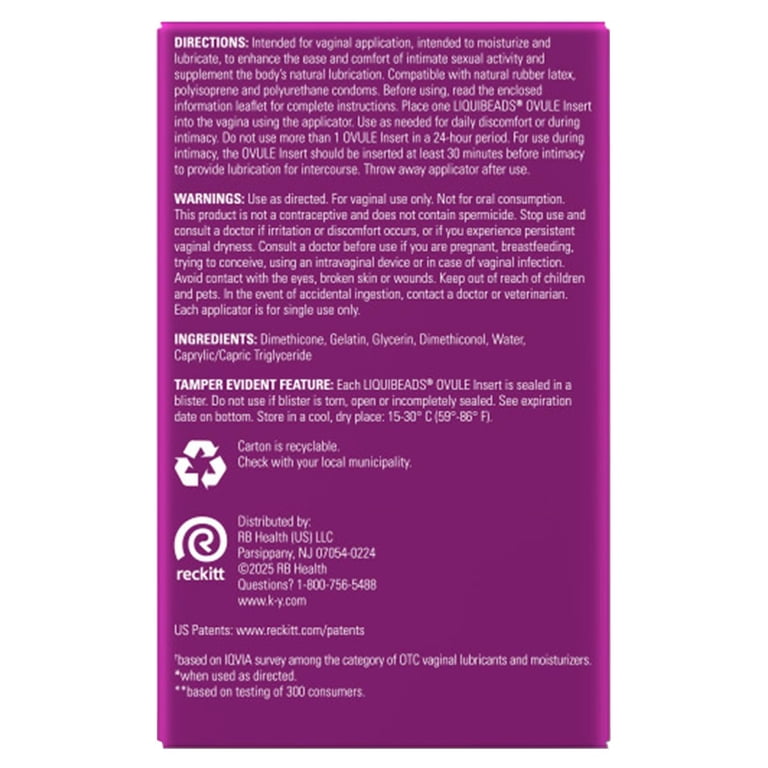 K-Y Liquibeads Vaginal Moisturizer, Silicone-Based Ovule Inserts, 6 Count  Pack of 3 - Walmart.com