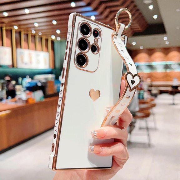 Compatible with Samsung Galaxy S23 Ultra Case with Strap Luxury Love Heart Plating Bumper Kickstand Case-White