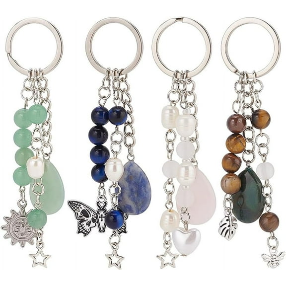 Gemstone with ABS Plastic Imitation Pearl Beaded Keychain with Star/Heart/Sun/Butterfly Alloy Pendants for Keychain Purse Backpack Ornament 8.4~10.8cm 4pcs/set