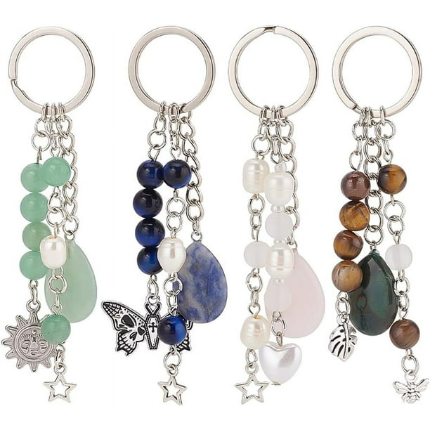 4 llaveros de piedras preciosas naturales, colgantes de cuentas de piedra con perlas de imitación, dijes de aleación, accesorios para colgar en mochilas.