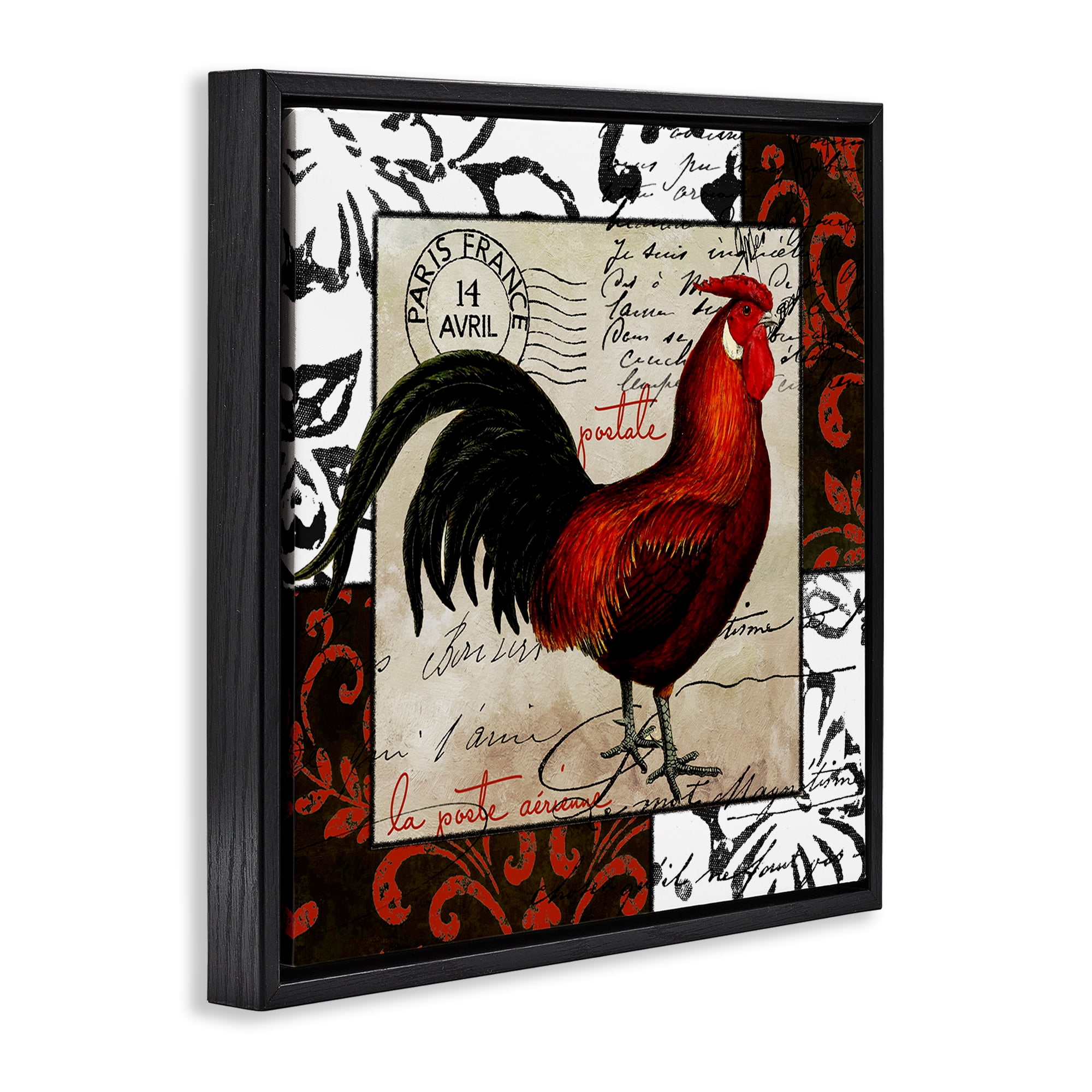 Stupell Industries Rooster & Vintage Post Animals Painting Black Floater Framed Canvas Art Print Wall Art, 25 x 25
