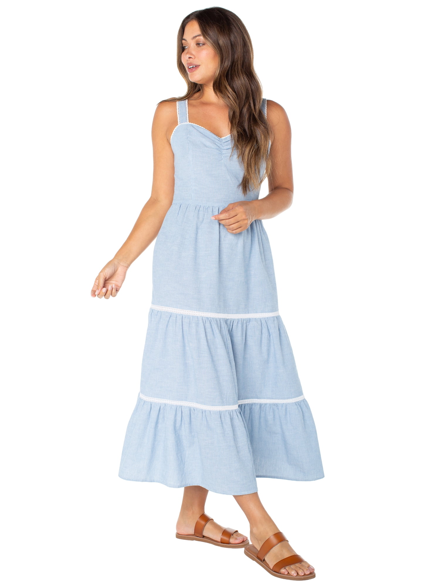 Celebrity Pink Women's Sleeveless Lace Trim Tiered Maxi Dress, Sizes XS-XXXL