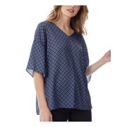 JONES NEW YORK Womens Navy Printed Elbow Sleeve V Neck Top M