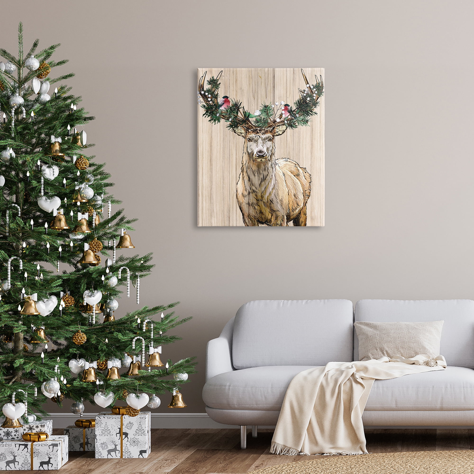 Winter Fir Arrangement Deer Antlers Grainy Pattern Animals & Insects Graphic Art Gallery-Wrapped Canvas Print Wall Art