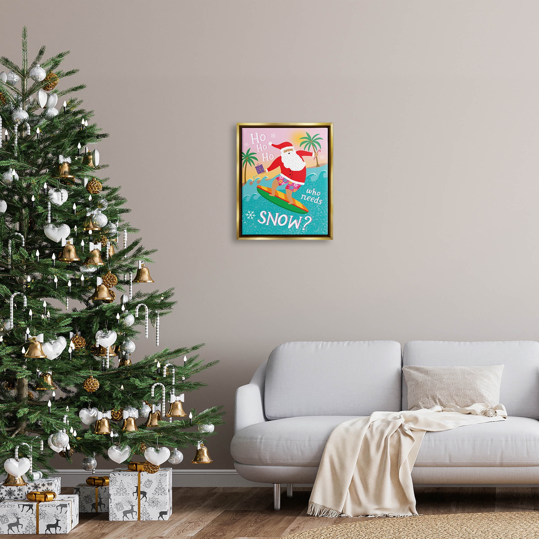 Who Needs Snow Surfing Santa Holiday Graphic Art Metallic Gold Framed Art Print Wall Art