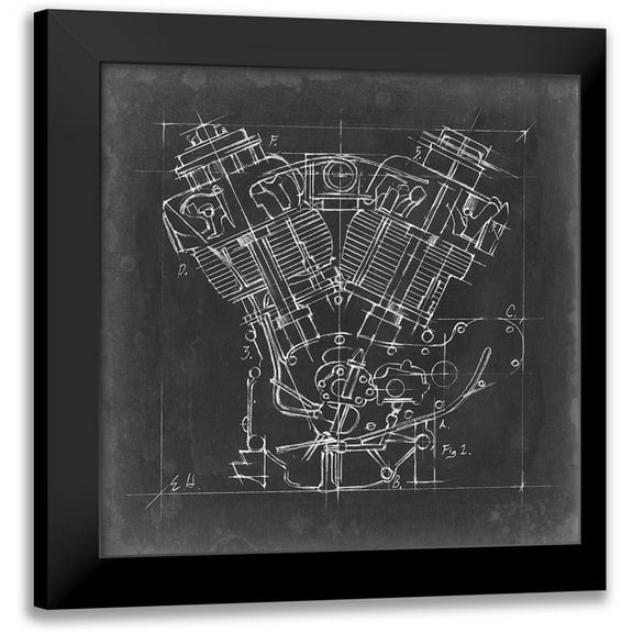 Harper, Ethan 12x12 Black Modern Framed Museum Art Print Titled - Motorcycle Engine Blueprint I