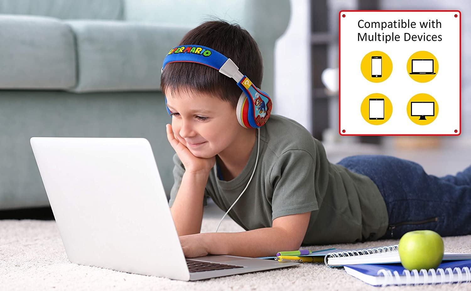 eKids Super Mario Kids Headphones, Adjustable Headband, Stereo Sound, 3.5Mm Jack, Wired Headphones for Kids, Tangle-Free, Volume Control, Childrens Headphones Over Ear for School Home, Travel