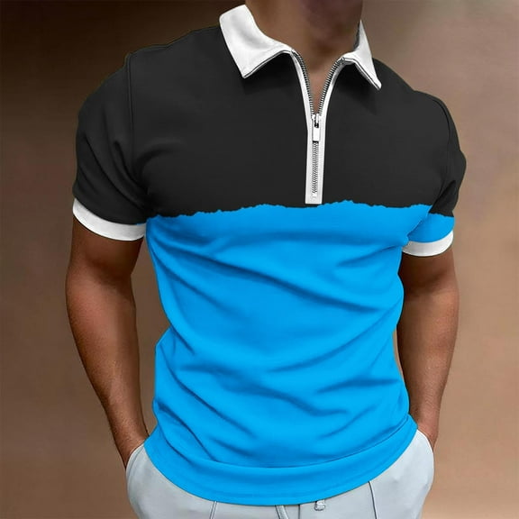 Wavsuf Mens Shirts Short Sleeve Crew Neck Turndown Zipper Summer Blue T-Shirts Size M