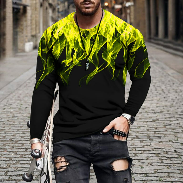 Zcfzjw Men's 3D Abstract Graphic T-Shirt Print Long Sleeve Daily Tops Round Neck Pullover Sweatshirts Big and Tall Regular Fitted Tees Shirt Green XL
