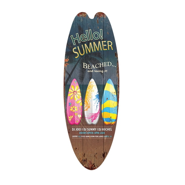 Letrero de madera para puerta «Summer Beach Surfing» - 45 x 16 x 0,5 cm, gancho trasero, decoración para el hogar, bares o puertas de entrada, regalo para amigos