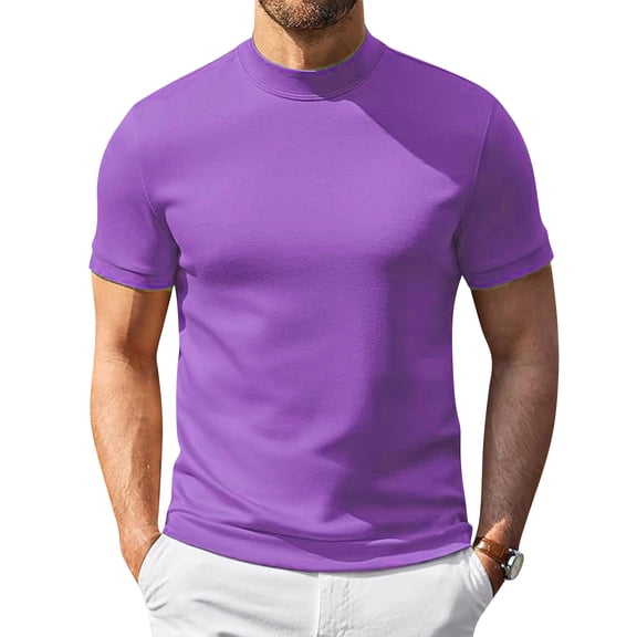 Havenx Mock Turtleneck T-Shirts for Men Short Sleeve T Shirt Solid Color Tops Basic Casual Stylish Soft Lightweight Pullover T-Shirts,Light Purple M