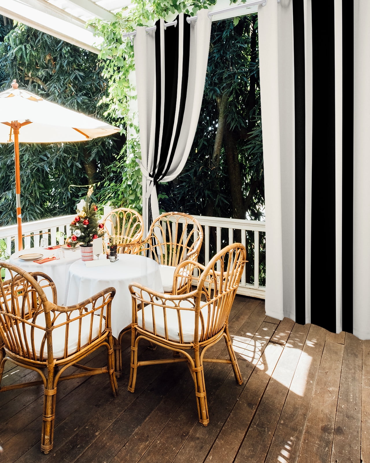Outdoor Curtains for Patio, Farm Rural Theme Black Stripes Waterproof Blackout Outside Curtain for Porch/Pergola/Gazebo, Thermal Insulated Drapes for Cabana, 2 Panels, 54 x 108 Inch
