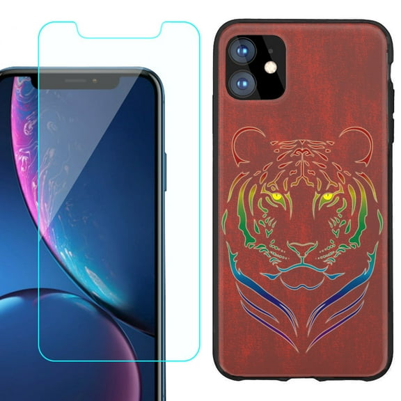 For Apple iPhone 11 Phone Case , Slim-Fit TPU Protective Case (Black), with Tempered Glass Screen Protector, by OneToughShield ® - Night Tiger