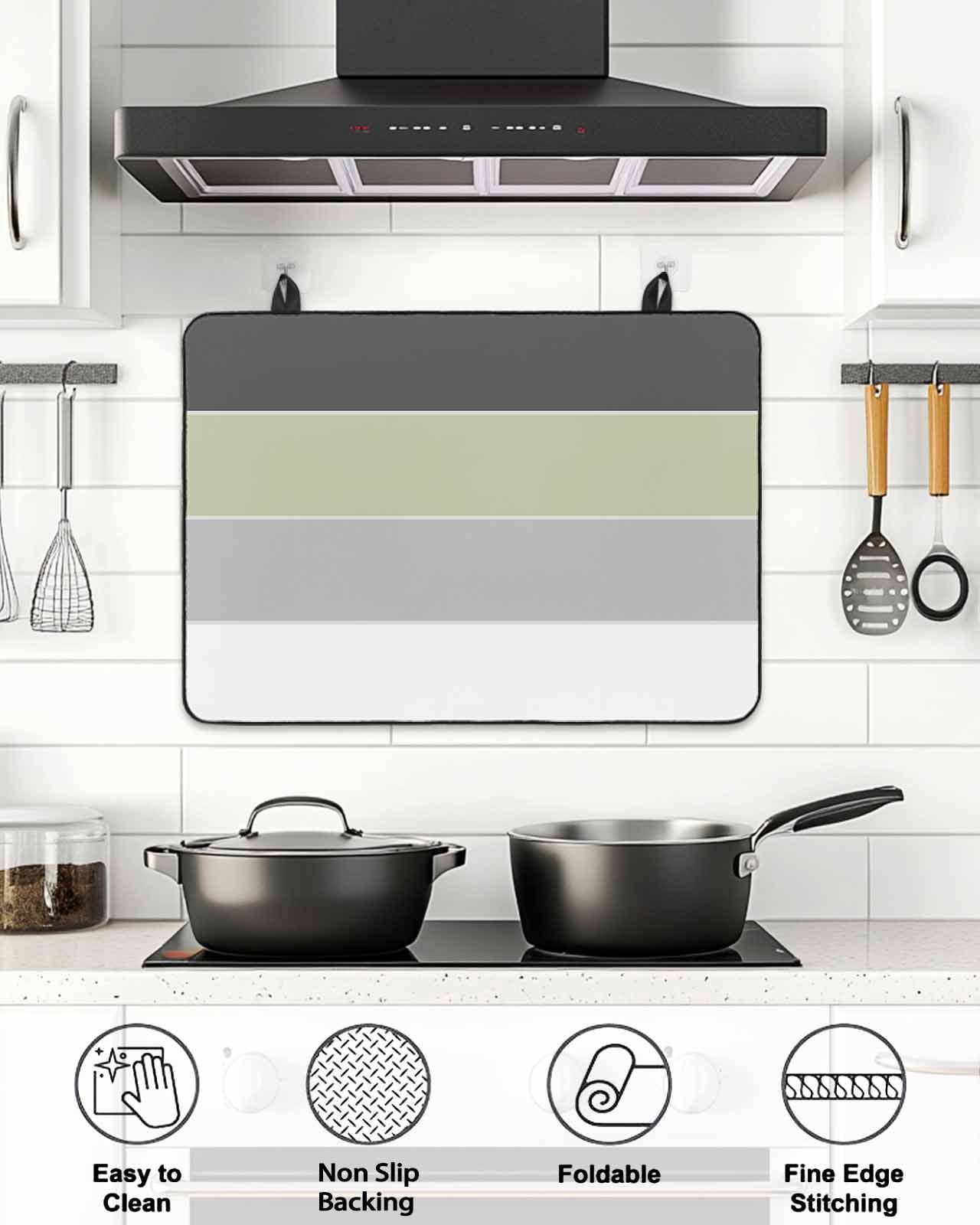 Stove Top Covers for Electric Stove, Grey Green Striped Glass Stovetop Cover Protector, Farmhouse Modern Induction Cooktop Protector Oven Mat for Kitchen Countertop 24"x21"