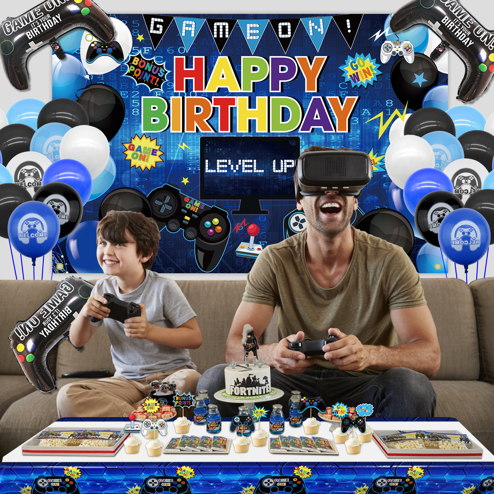 Video Game Happy Birthday Blue Decorations Set - Gaming Theme Happy Birthday Backdrop Tablecloth 82Pcs Balloons Garland Arch Kit for Kids and Gamer Birthday Party (Blue)