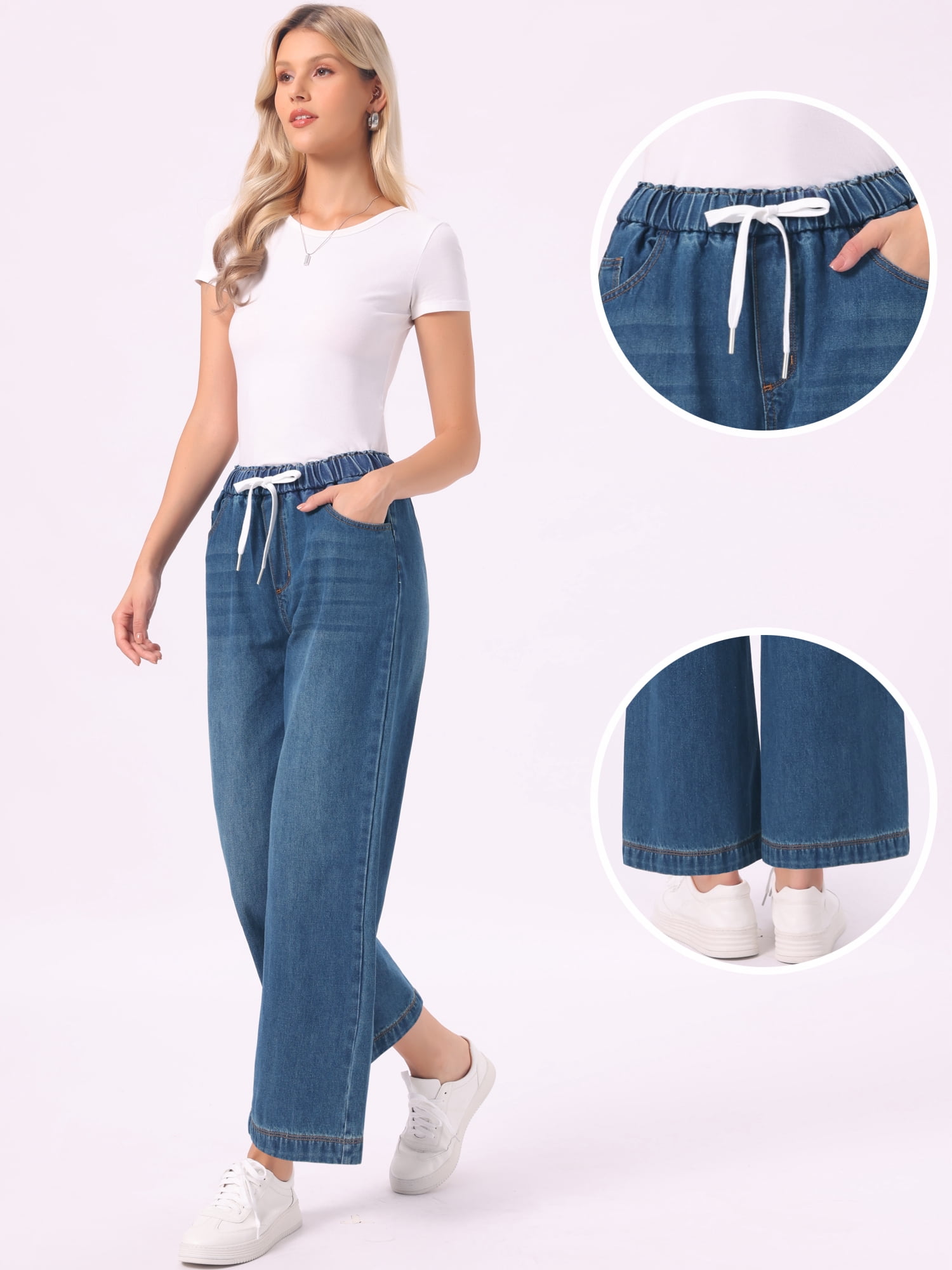 DARING DIVA Women's Trendy Elastic Waist Wide Legs Drawstring Jeans M Retro Blue