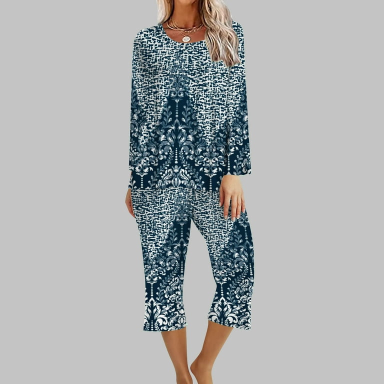 YYDGH Women\'s Sleepwear Capri Pajama Sets Long Sleeve Two-Piece Pjs Crew  Neck Lounge Sets Tops & Capri Pants with Pockets