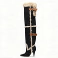 thumbnail image 2 of FSJ Women Thigh High Fur Boots Over-The-Knee Shearling Trim Buckle Straps Pointed Toe Cone Heel Winter Shoes Size 11 Black, 2 of 3