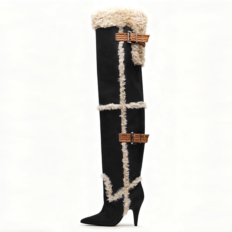 FSJ Women Thigh High Fur Boots Over-The-Knee Shearling Trim Buckle