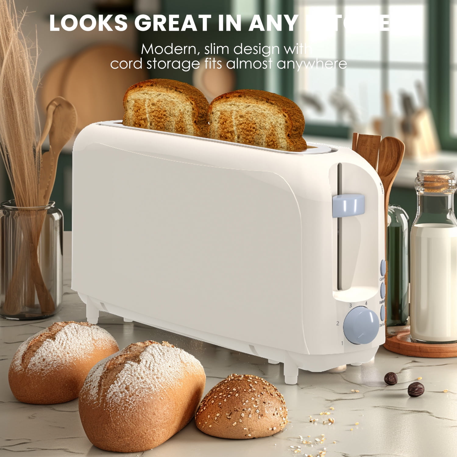 Slim 2-Slice Toaster, 10" Long Slot,6 Shade Settings with Cancel, Reheat & Defrost, Auto Shut off, Removable Crumb Tray，White