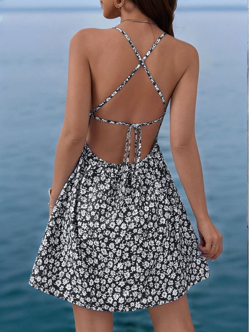 Women'S Summer Ditsy Floral Backless Back Tie Back Sleeveless Mini Dress  Black XL