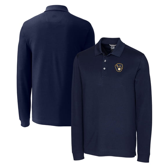 Men's Cutter & Buck Navy Milwaukee Brewers Big & Tall Advantage Eco Pique DryTec Tri-Blend Long Sleeve Polo