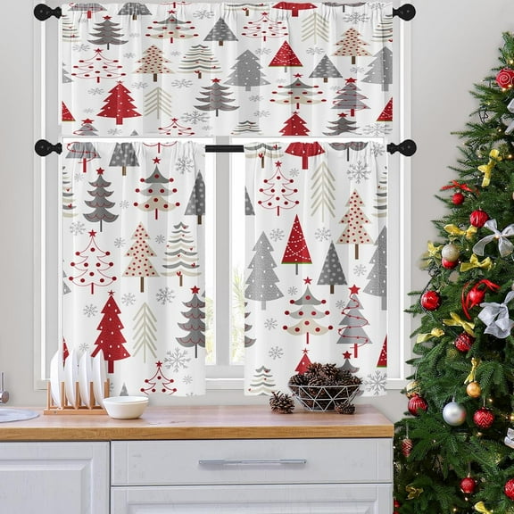 Christmas Trees Kitchen Curtains Red Doodle Holly Window Curtains Valance and Tier Set 36 Inch Rod Pocket Short Tier Curtain for Room Kitchen Decor