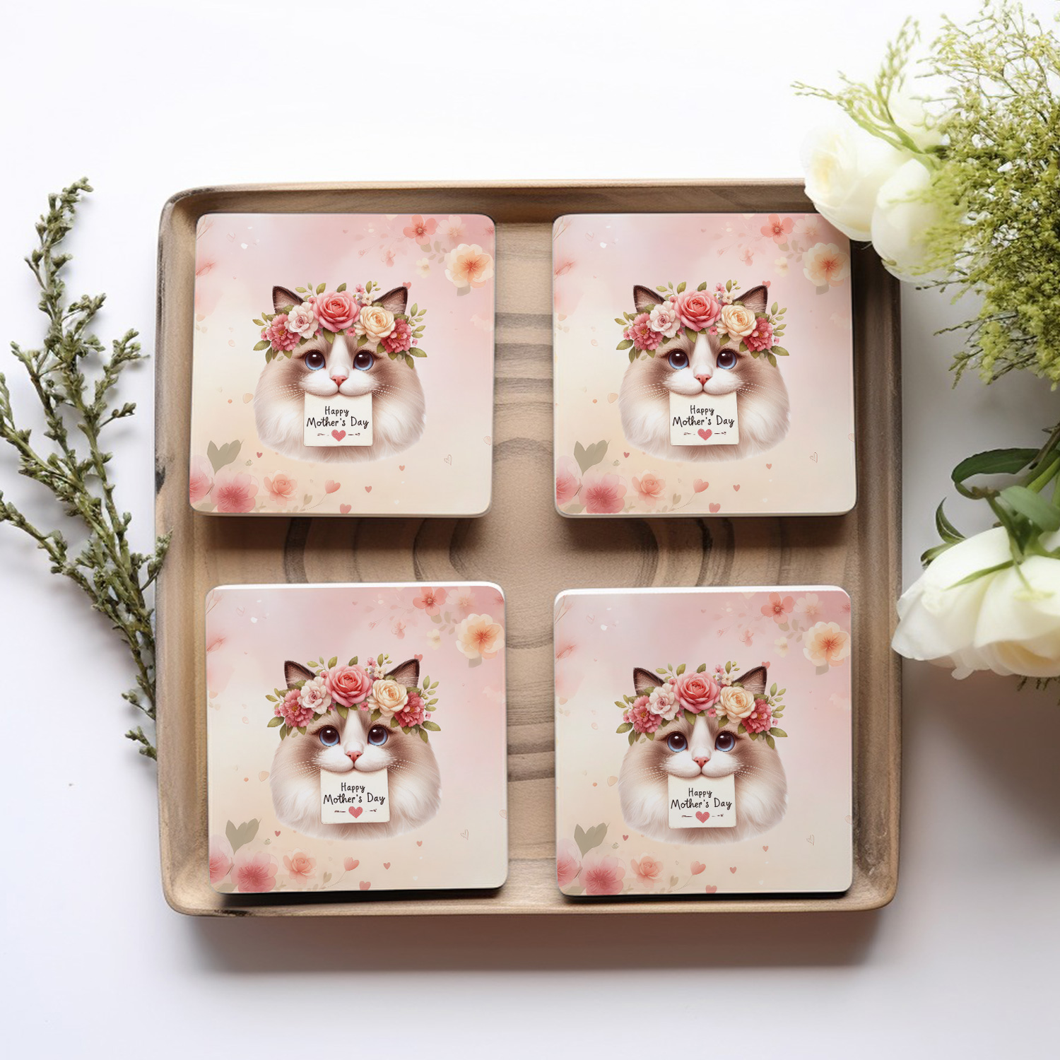 Happy Mother's Day Ragdoll with Flower Crown and Greeting Card Set of 4 Stone Coasters Cat Lover Kitten Owner Gifts Idea 4x4in Absorbent Soapstone Coaster - 13004