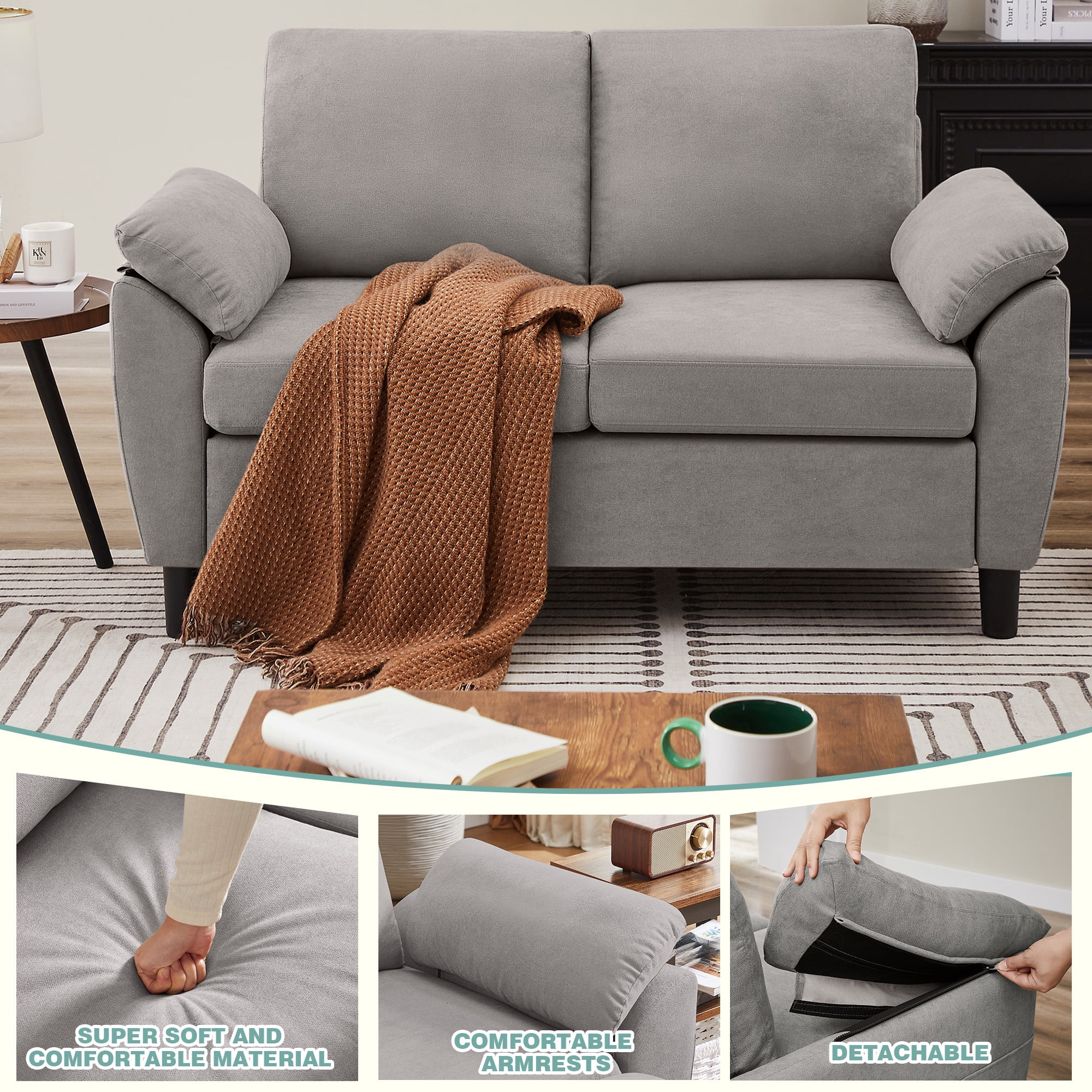 Jarenie Chireca 4 Piece Convertible Sectional Sofa Set, Modern Linen Small L Shaped Couch with Reversible Chaise, 3-Seater Sofa & Loveseat & Armchair for Living Room, Office, Apartment, Lightgrey