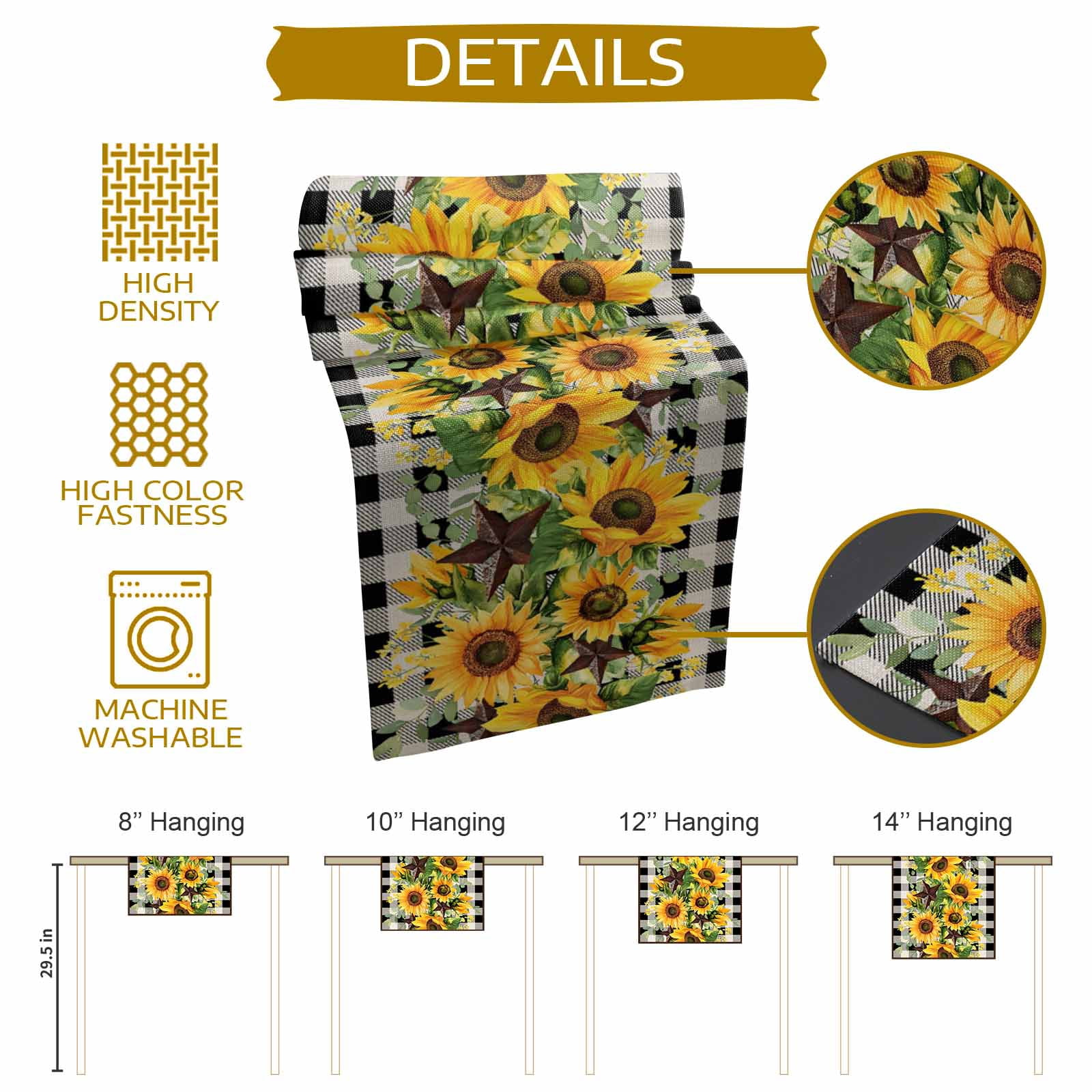 Texas Star Sunflower Cotton Linen Table Runner, Washable Table Runners for Kitchen, Dining Room, Holiday, Home Party Table Decor, 13x90 Inches