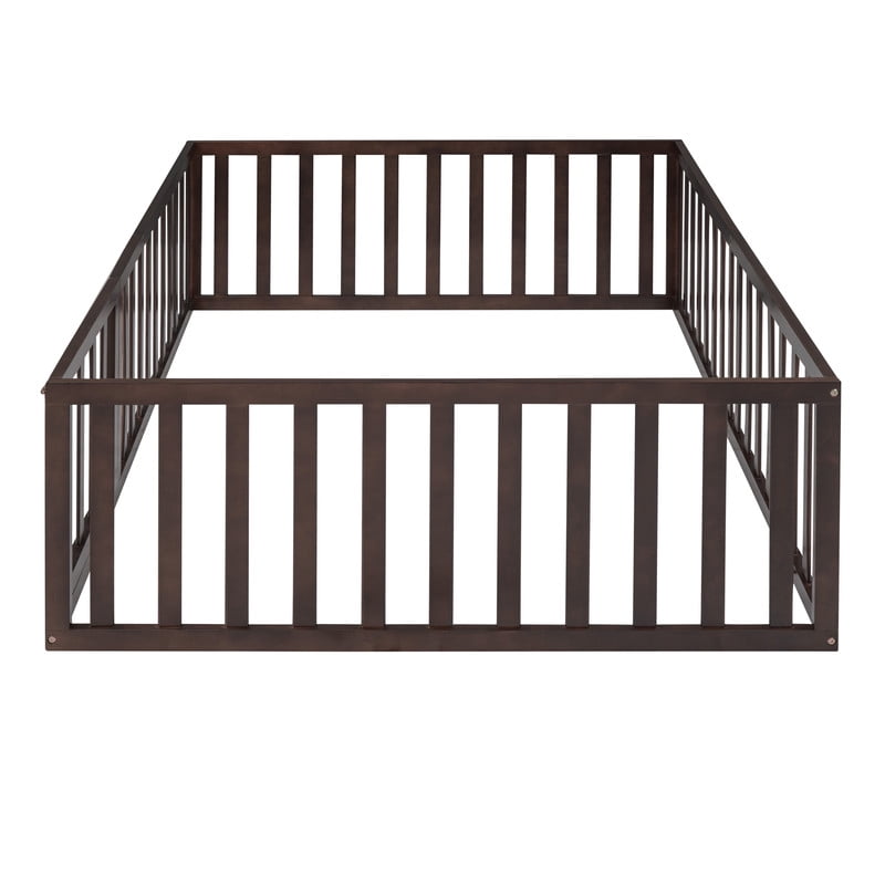 Full Size Floor Bed Platform Bed with Fence and Door, Wooden Montessori Bed Toddler Bed Kids Playhouse Bed with Guardrails for Boys Girls, No Slats