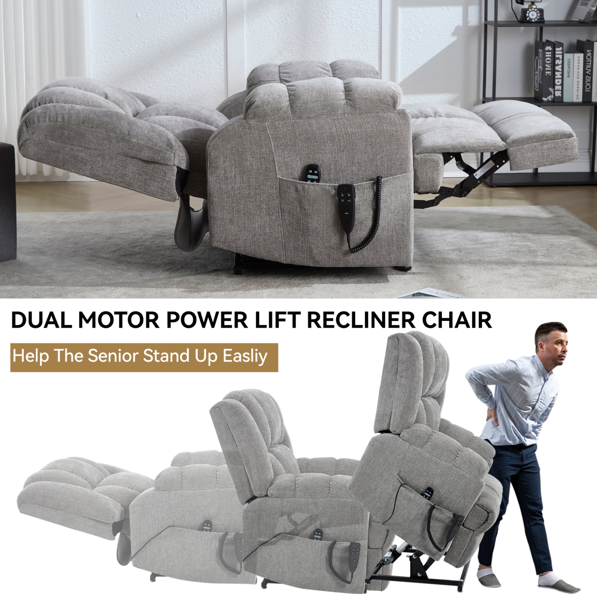 Leumius Large Power Lift Recliner Chair for Elderly,Heavy Duty Dual Motor Chenille Electric Recliners Chair with Massage and Heat for Living Room,Light Gray