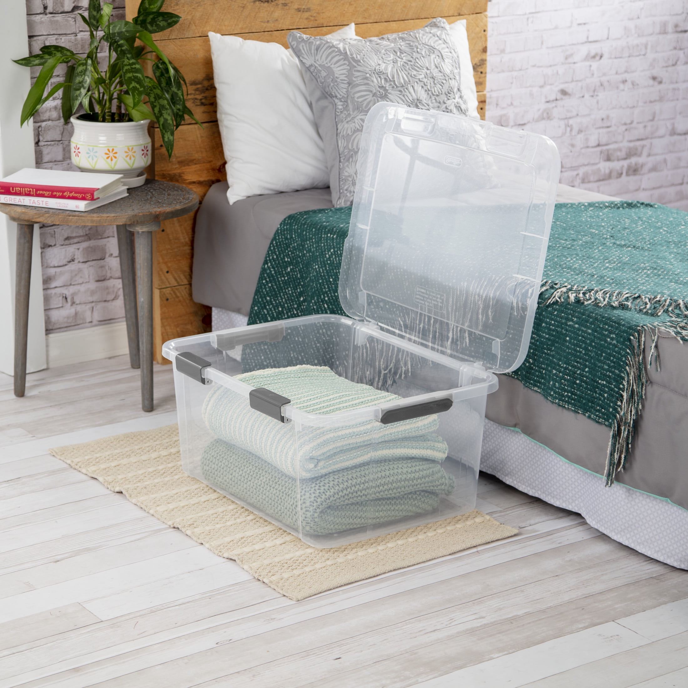 Sterilite 60 Quart HingeLID Clear Storage Bin with Latch Lid and Comfort Grip, Dark Gray, 6 Pack