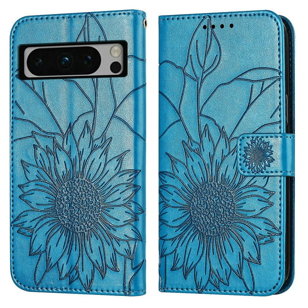 Funda tipo cartera con girasoles grabados para Google Pixel 8 Pro: elegante, multifuncional y con protección total.