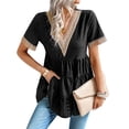 thumbnail image 3 of HUBERY Women Contrast Color V Neck Hollow Out Short Sleeve Ruched Hem Top, 3 of 7