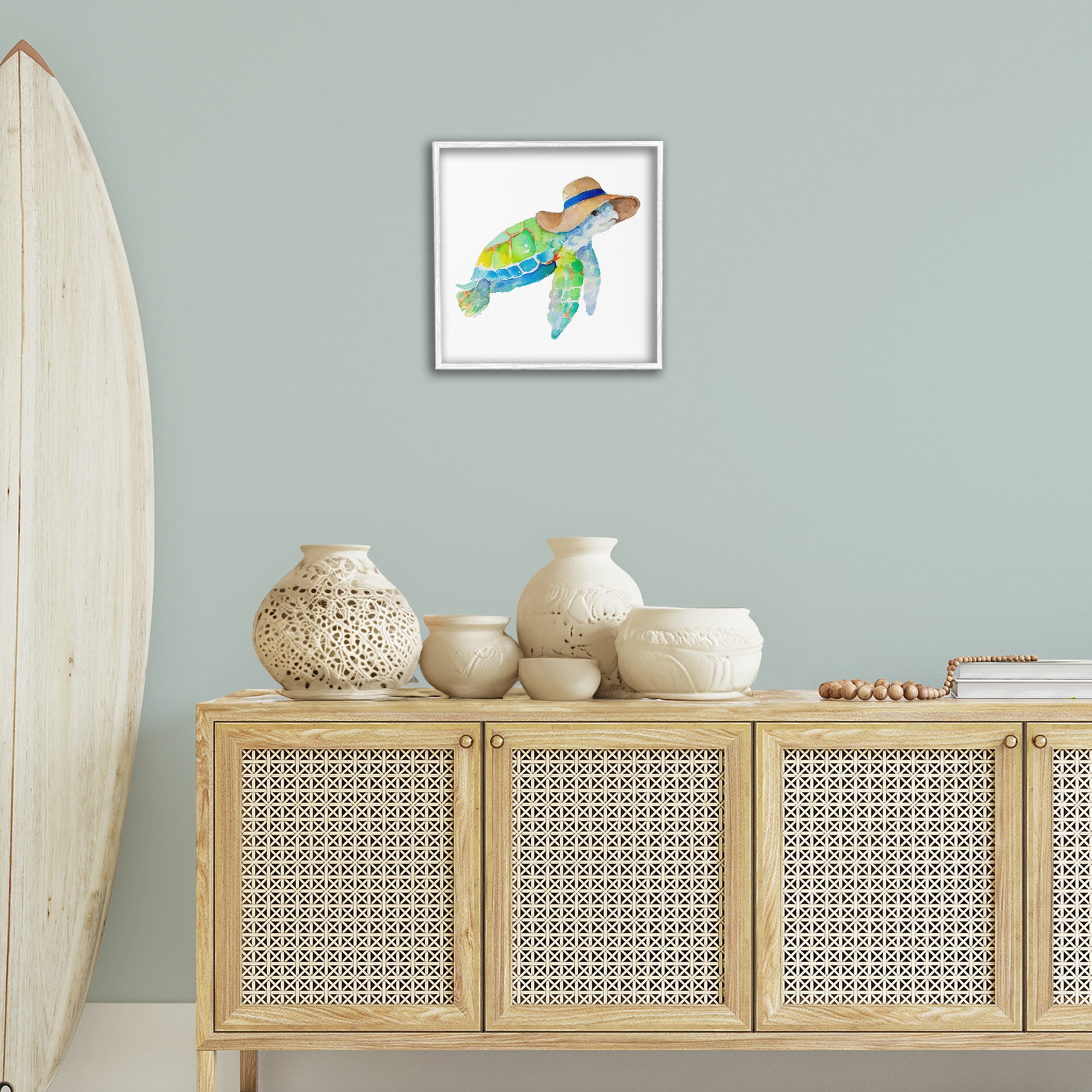Stupell Industries Beach Ready Turtle Novelty Painting White Framed Art Print Wall Art, 17 x 17