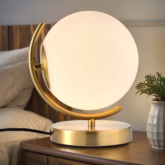 Modern Gold Table Lamp with 7.1" Glass Globe Shade, Plug in Mid Century Desk Lamp with Inline Switch for Bedroom, Living Room or Office