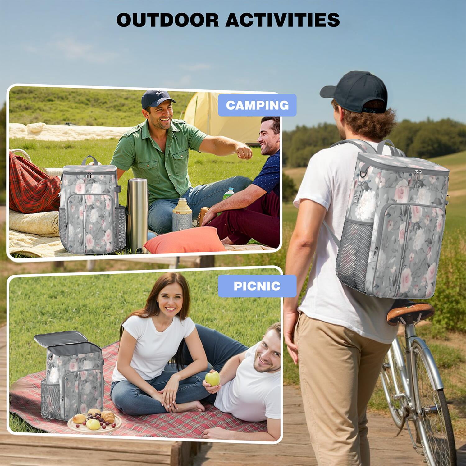 Travel Cooler Bag - Pioneer Flower Floral Print Pattern Camping Beer Cooler Backpack with Bottle Opener- Waterproof Insulated Picnic Backpacks - Cooler Bag for Beach